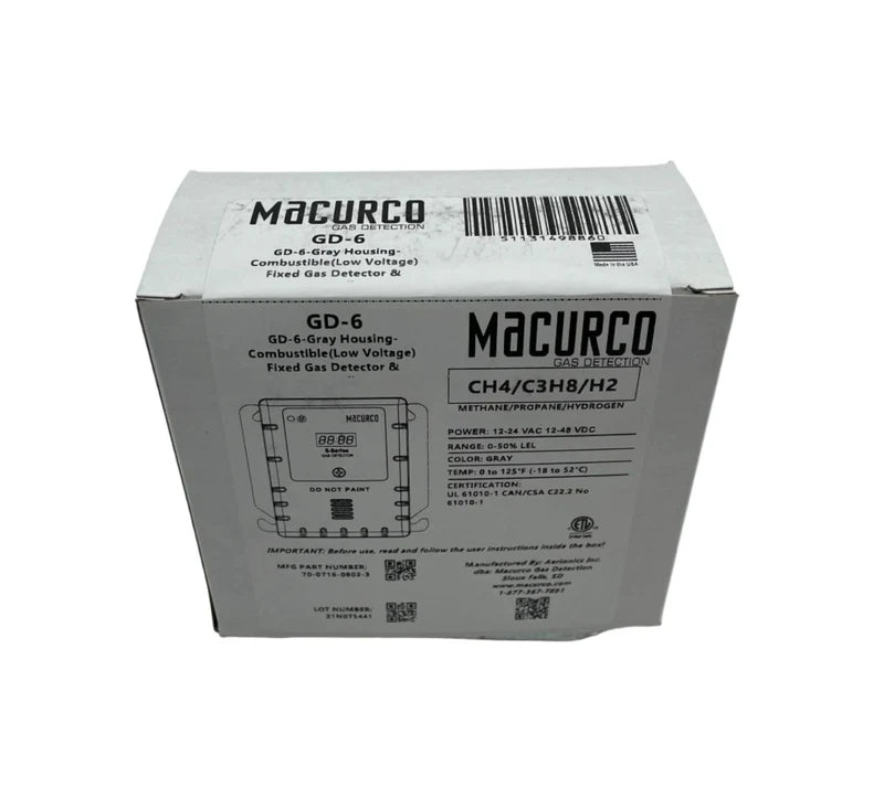Macurco GD-6 gas detector sensor with digital display for gas leak detection and monitoring.