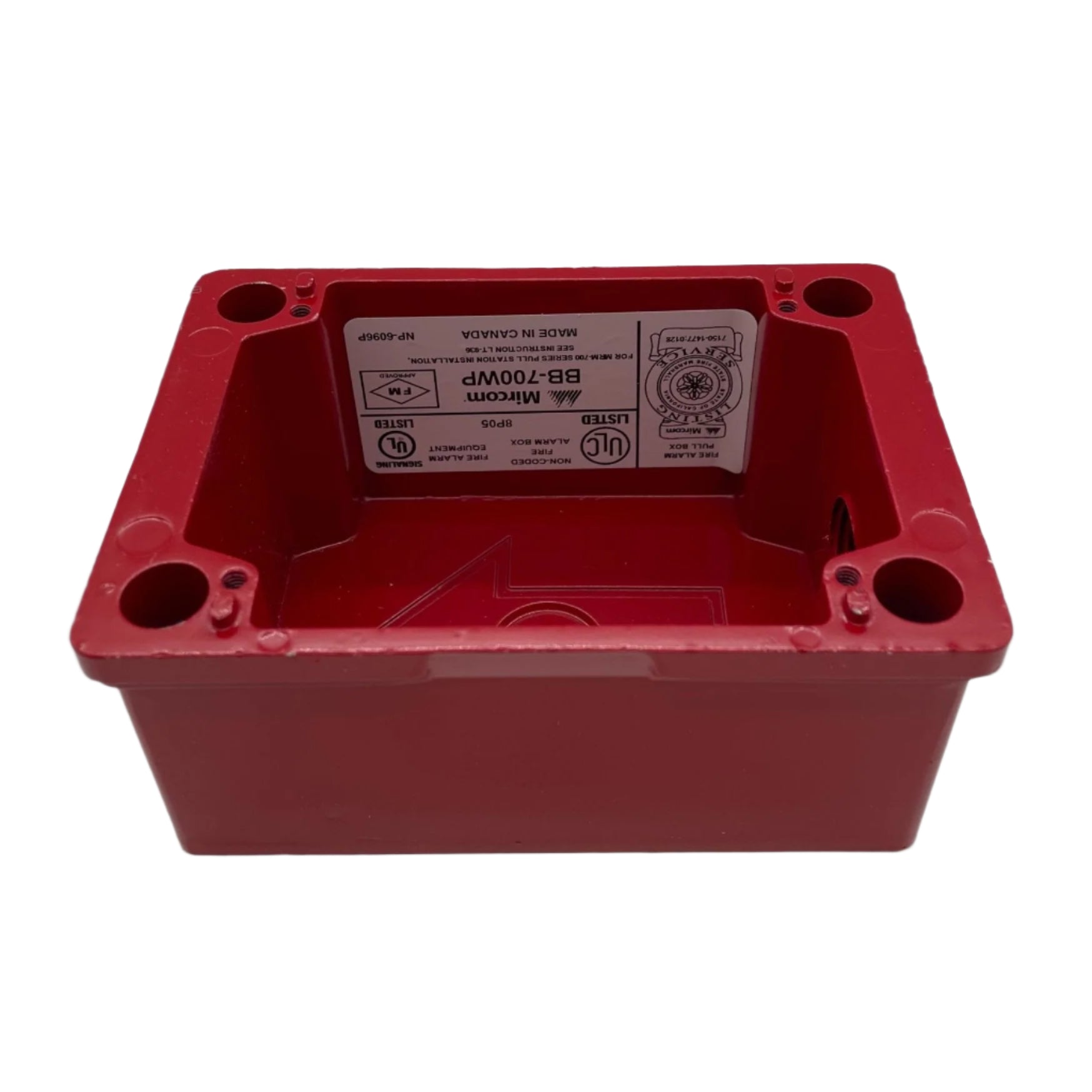 Mircom ULC BB-700WP fire alarm with waterproof design, mounted on wall, featuring digital display and alarm buttons.