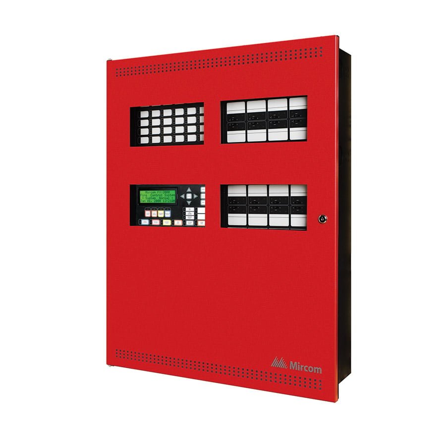 Mircom FX-2017-12NDS fire alarm device with digital display and sensor, mounted on wall for fire safety detection.