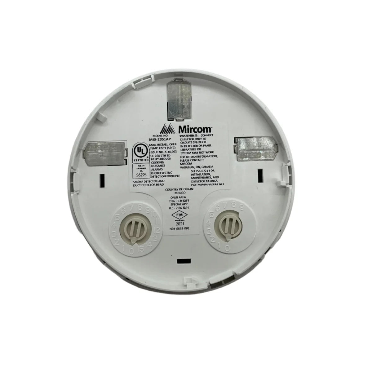 Mircom MIX-2351AP fire alarm control panel with digital display and control buttons, mounted on a wall.