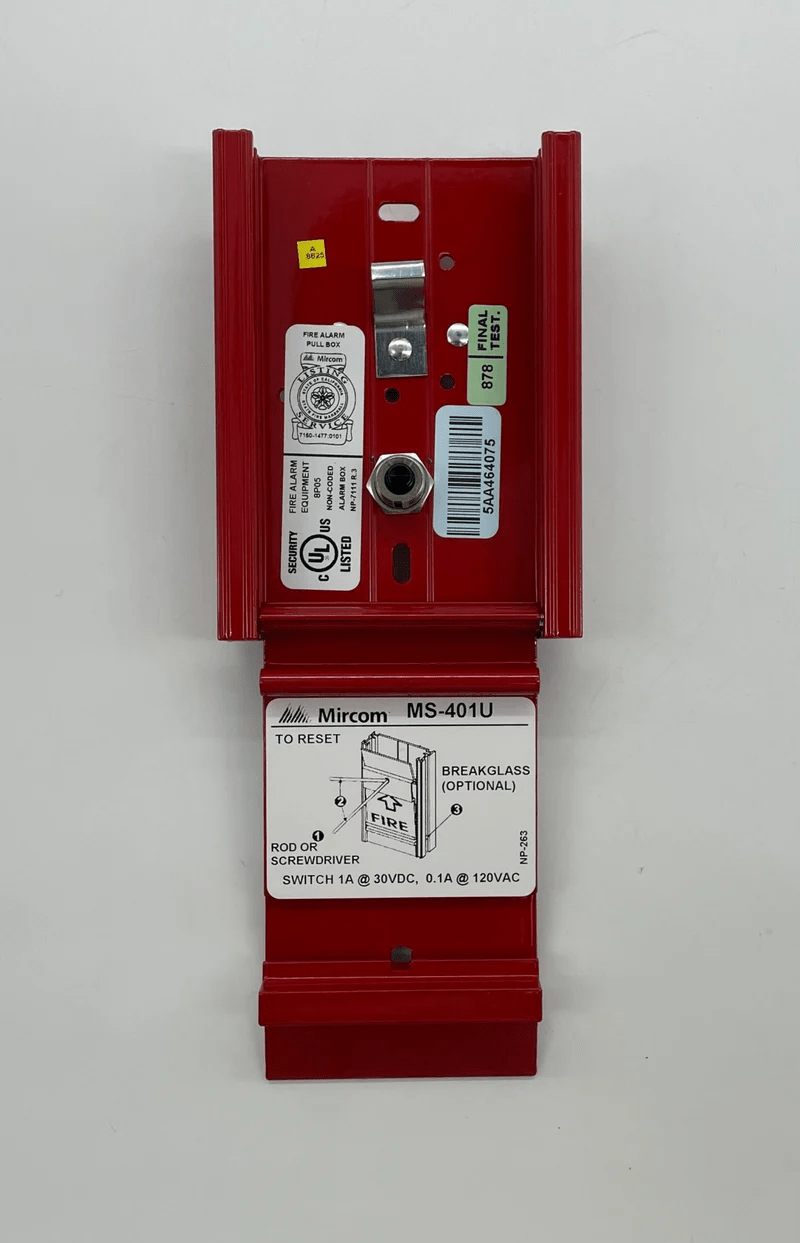 Mircom MS-401U emergency alarm control panel with keypad and indicator LEDs on a white background.