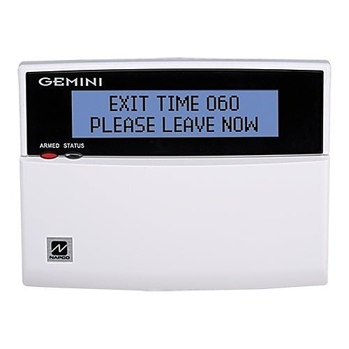 Napco GEM-DK1CA security alarm control panel with digital display and keypad, installed on a wall.