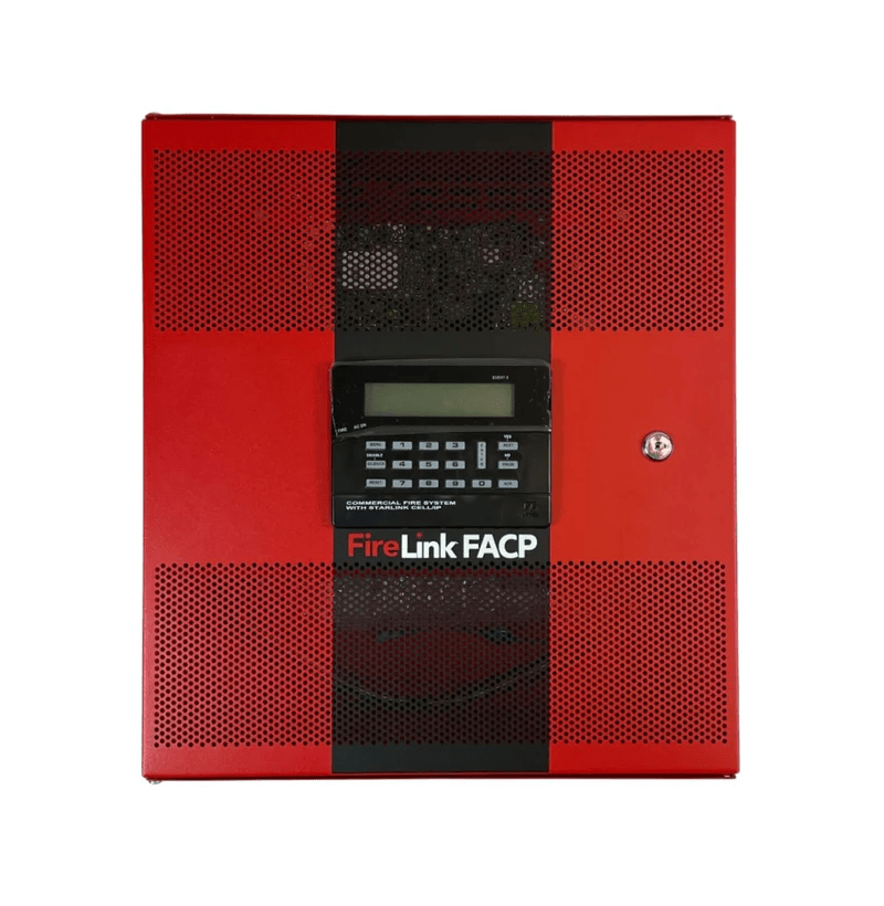 Napco FL-32FACP-LTEVS security control panel with keypad and status indicators, installed on a wall.