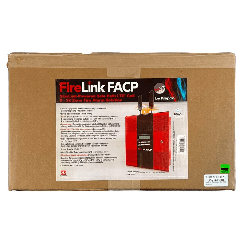 Napco FL-32FACP-LTEVS alarm control panel with keypad, black finish, mounted on wall, part of security system setup