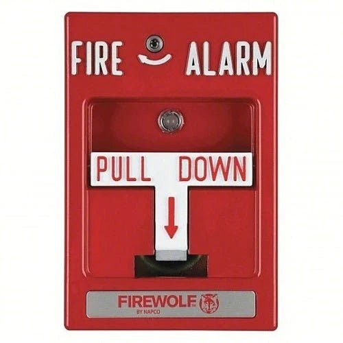 Napco FWC-CNV-PULLK fire alarm pull station with black plastic cover and metal lever, designed for emergency fire safety.