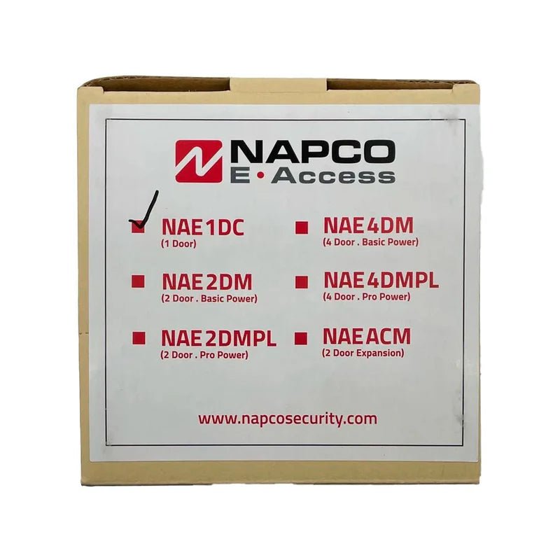 Napco NAE-1DC Jem Systems security alarm control panel with digital display and keypad, installed on a wall.
