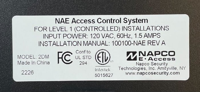 Napco NAE-2DM security alarm system control panel with keypad and LED indicators, installed on a wall.