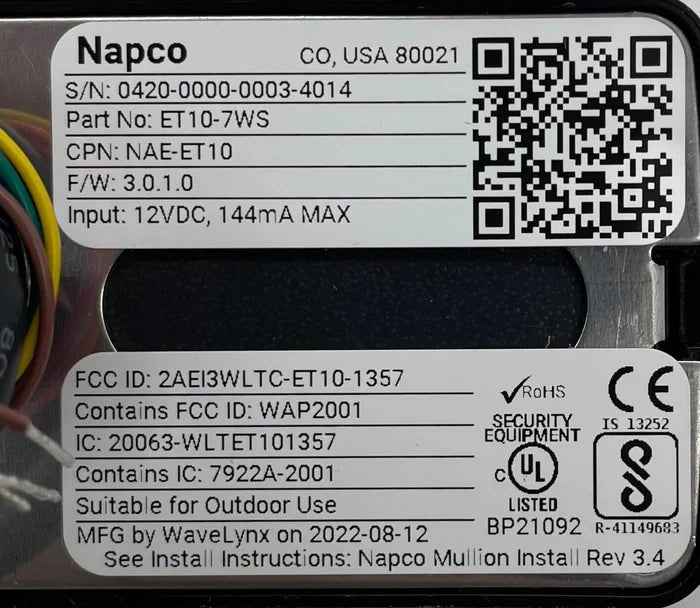 Napco NAE-ET10 security alarm system with keypad and sensors for home or business security.