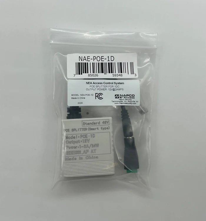 Napco NAE-POE-1D security panel with Ethernet port, mounted on wall with network cables, used for alarm system connectivity.