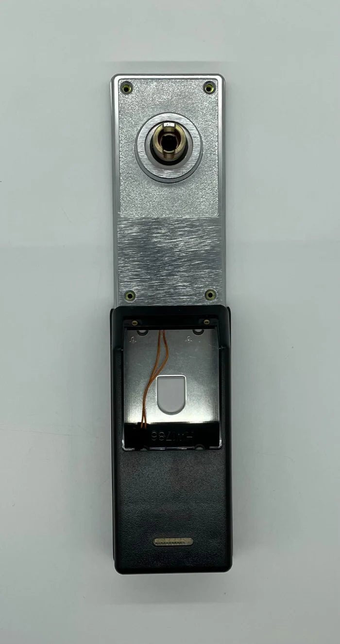 Napco PDL6600CRL/26D digital lock with keypad and fingerprint scanner on black metal door handle