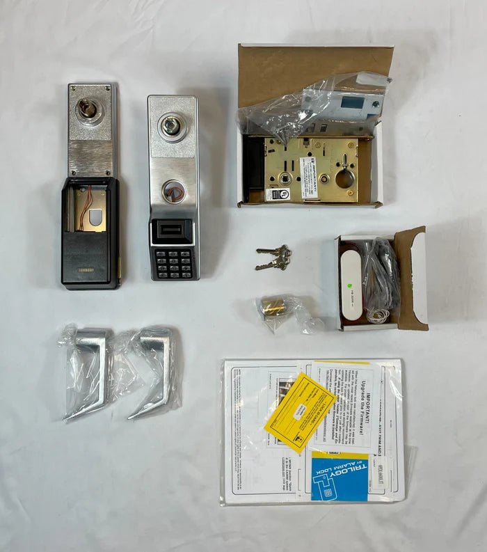 Napco PDL6600CRL/26D digital lock with keypad and handle, installed on a door for secure access control.