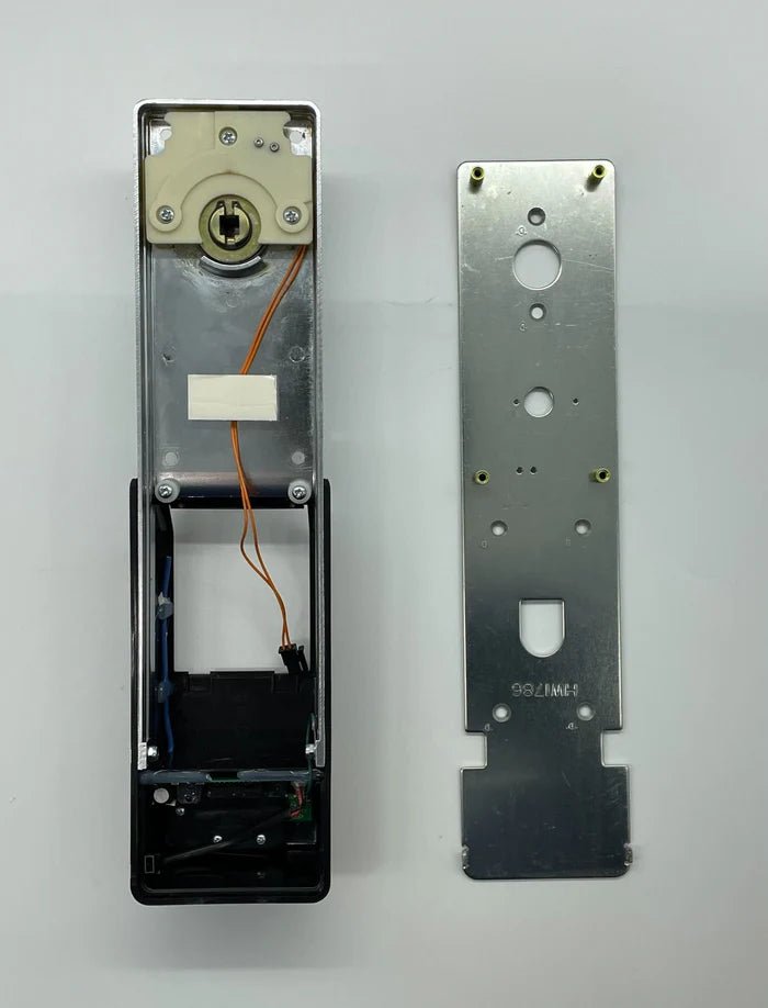 Napco PDL6600CRL/26D digital lock with keypad and handle, installed on a modern door for secure access.