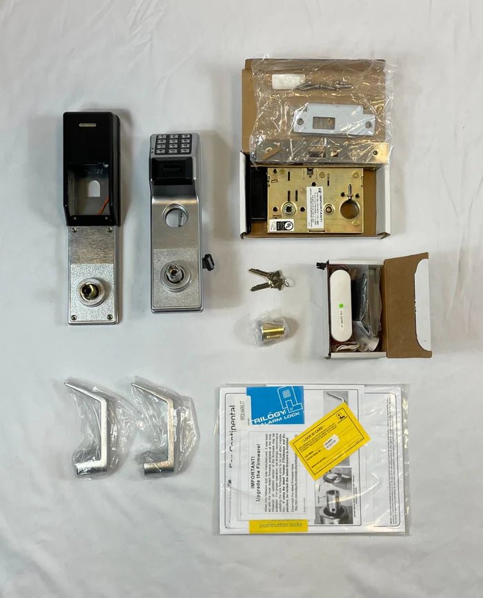 Napco PDL6600CRR/26D digital lock with keypad and handle, installed on a door for secure access control.