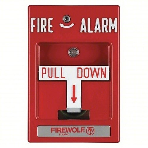 Napco FWC-CNV-PULLK fire alarm pull station with black plastic cover and metal lever, designed for emergency fire safety.