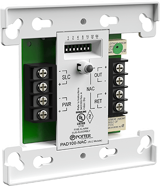 Potter PAD100-NAC alarm panel with keypad and display, designed for security and automation systems.