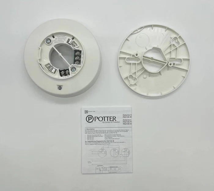 Potter PAD100-RB Jem Systems Canada alarm panel with red display and control buttons, mounted on a wall.