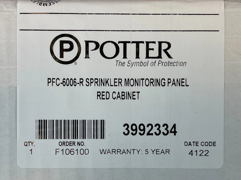 Potter PFC-6006-R fire alarm control panel with digital display and control buttons, mounted on a wall.