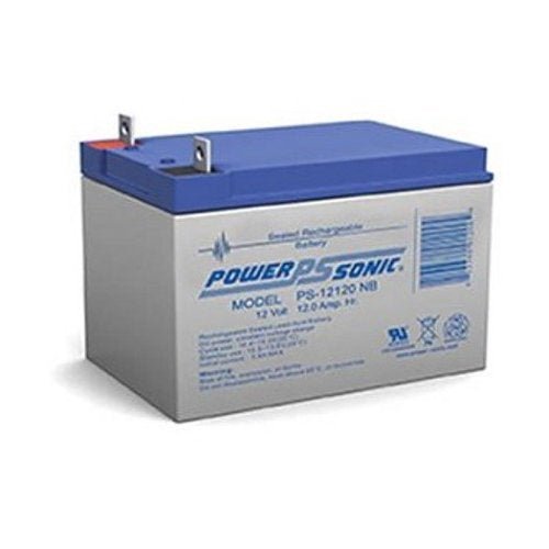 Power Sonic PS-12120 NB1 sealed lead-acid battery with positive and negative terminals visible.