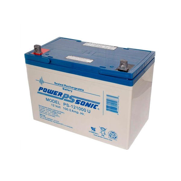 Power Sonic PS-121000 U industrial battery with terminals, shown in a close-up image highlighting its size and design features.