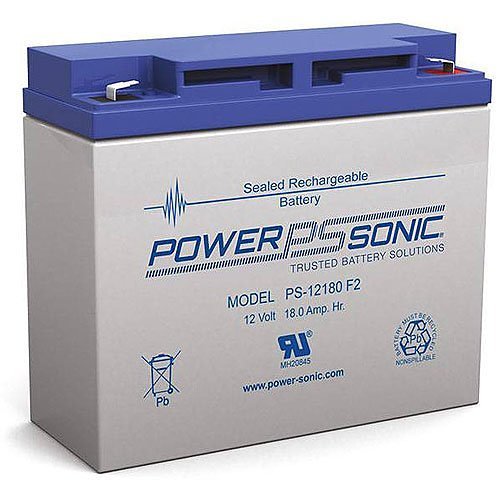 Power Sonic PS-12180 F2 industrial battery with terminals and label, suitable for power backup and energy storage applications.