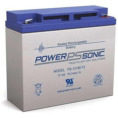 Power Sonic PS-12180 F2 industrial battery with terminals and label, suitable for power backup and energy storage applications.