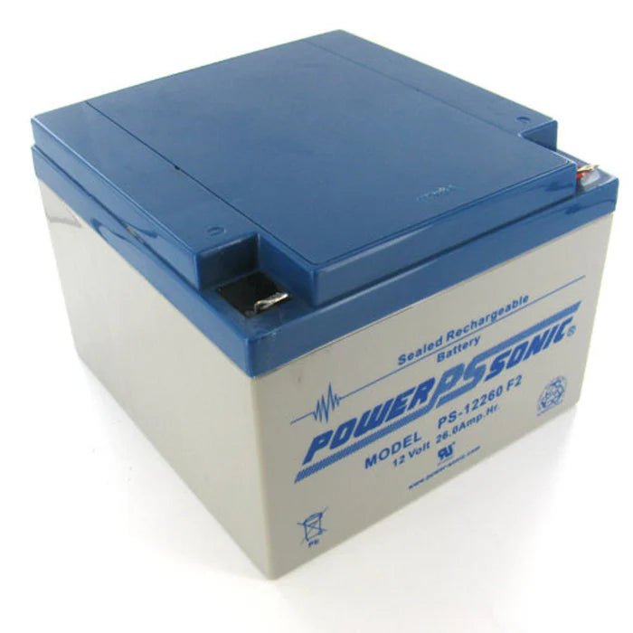 Power Sonic PS-12260 F2 rechargeable battery showing terminals and label, designed for reliable power applications.