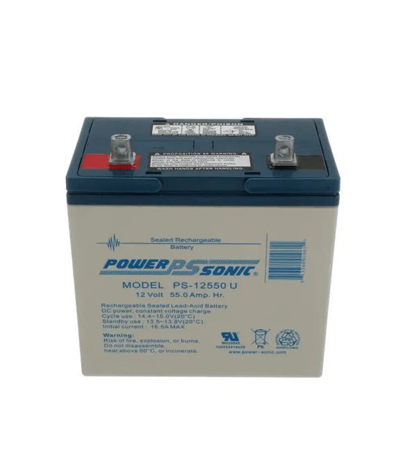Power Sonic PS-12550 U rechargeable battery showing terminals and branding for industrial or backup power applications.