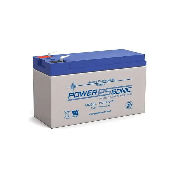Power Sonic PS-1270 F1 deep cycle marine battery with terminals and label visible.