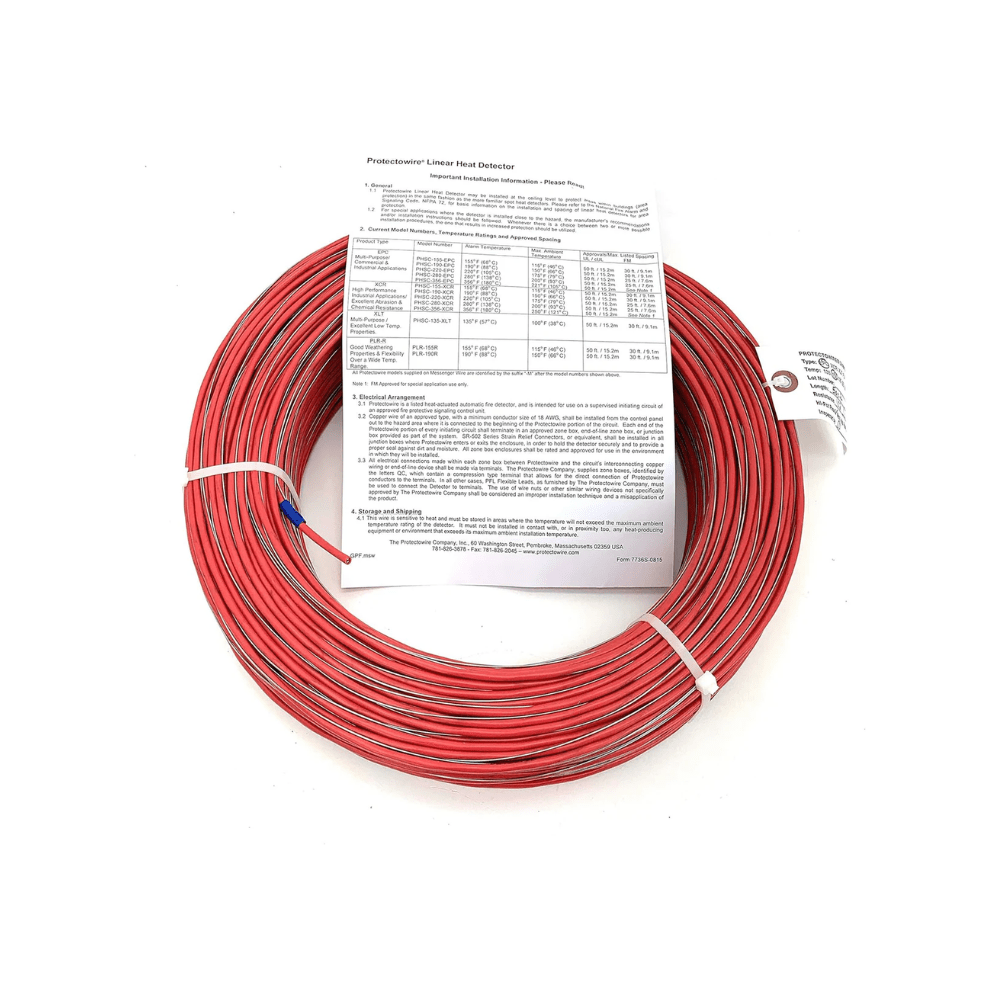 Protectowire PHSC-155-EPC-M linear heat detection cable installed in a building for fire safety monitoring.