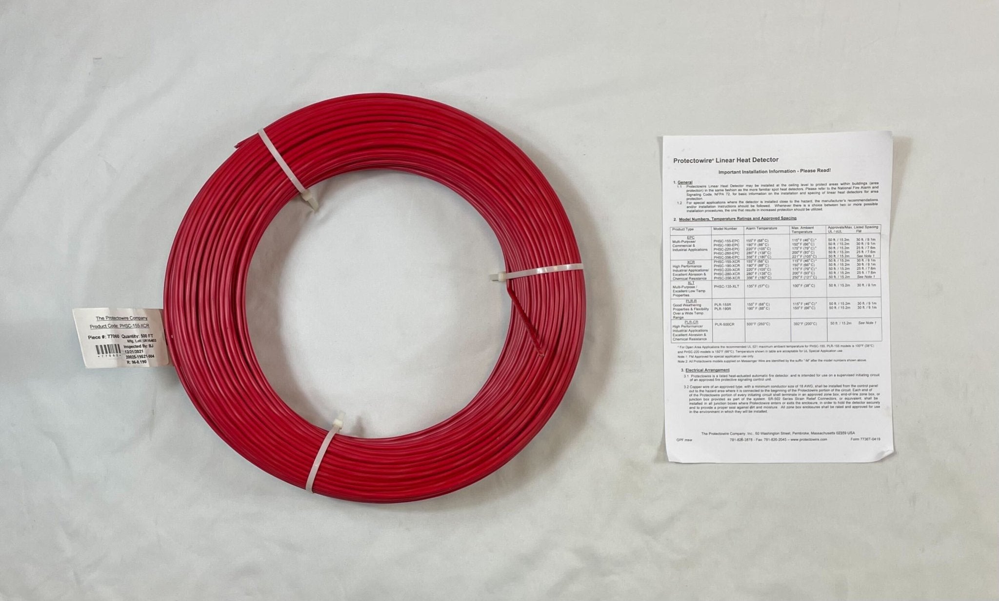 Protectowire PHSC-155-XCR linear heat detection cable with protective jacket, designed for fire safety applications.