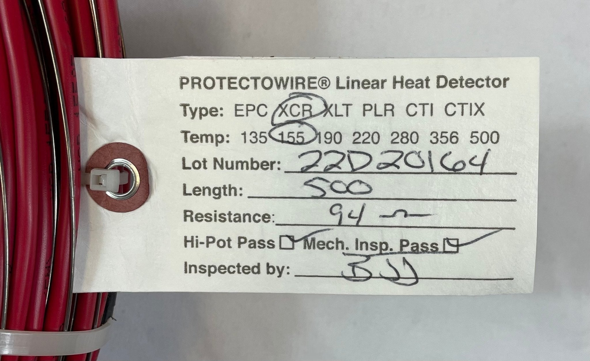 Protectowire PHSC-155-XCR-M linear heat detection cable installed in a safety system, manufactured by Protectowire.