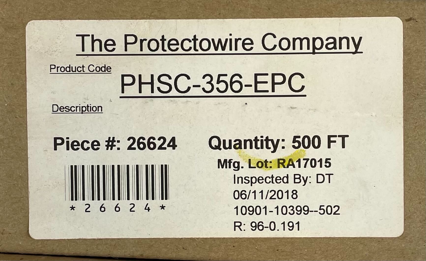 Protectowire PHSC-356-EPC linear heat detection cable installed in a fire safety system, manufactured by Protectowire.