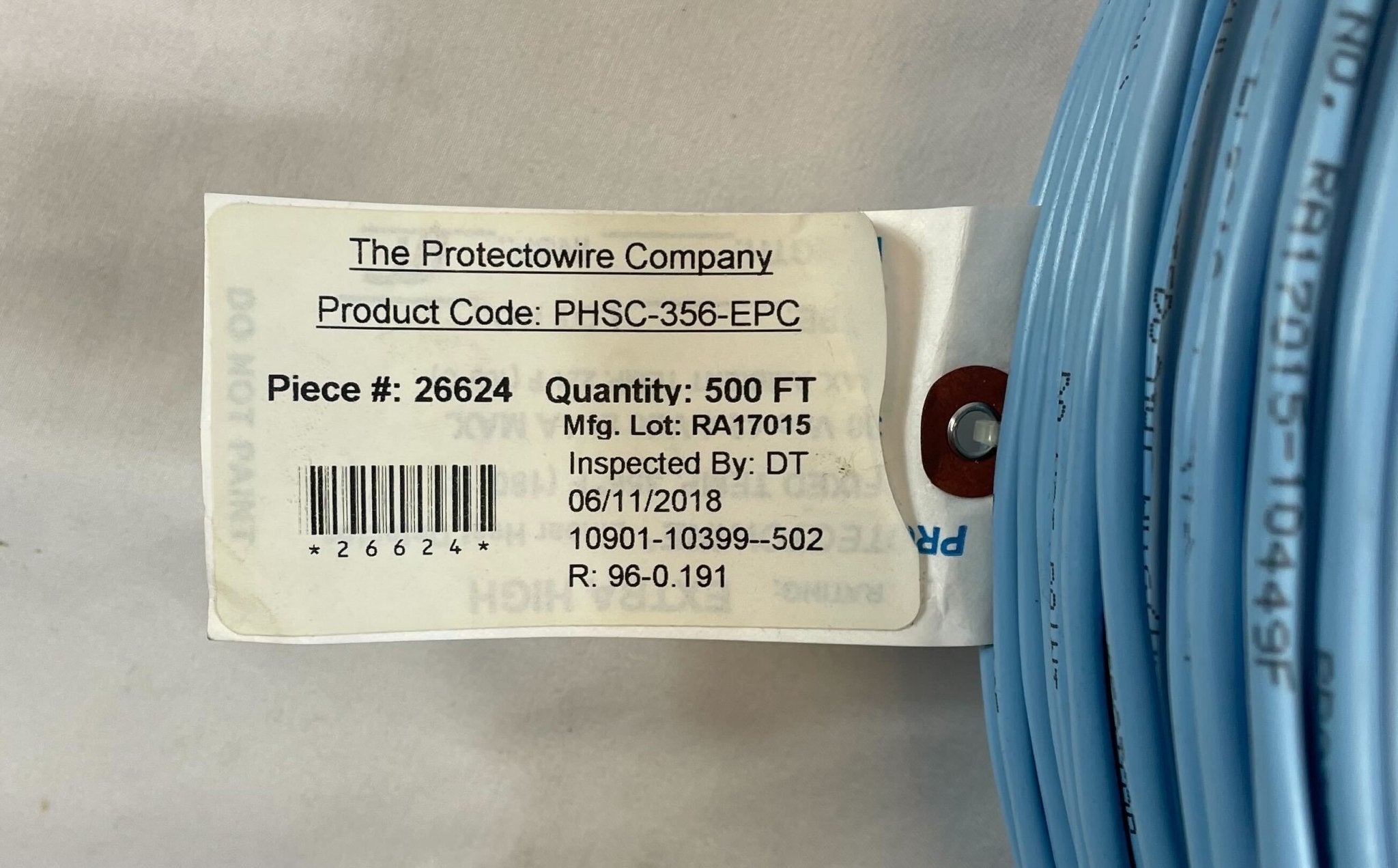 Protectowire PHSC-356-EPC linear heat detection cable with protective jacket, used for fire safety in industrial settings.