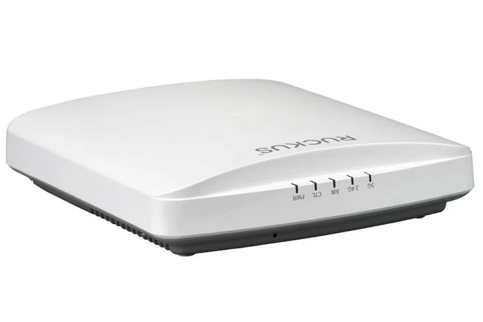 Ruckus R650 Wi-Fi 6 access point mounted on wall, showcasing its sleek design and modern network hardware features.