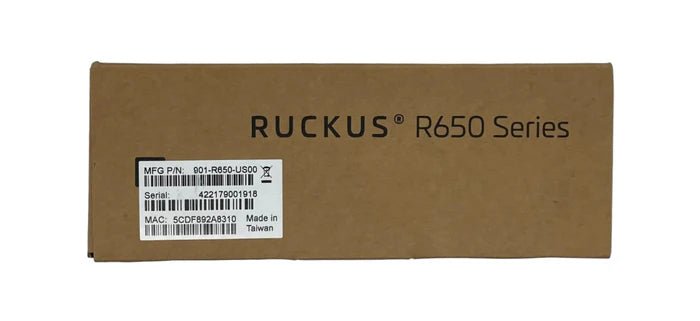 Ruckus R650 Wi-Fi 6 access point mounted on a wall with antennas and network cabling in a professional setting