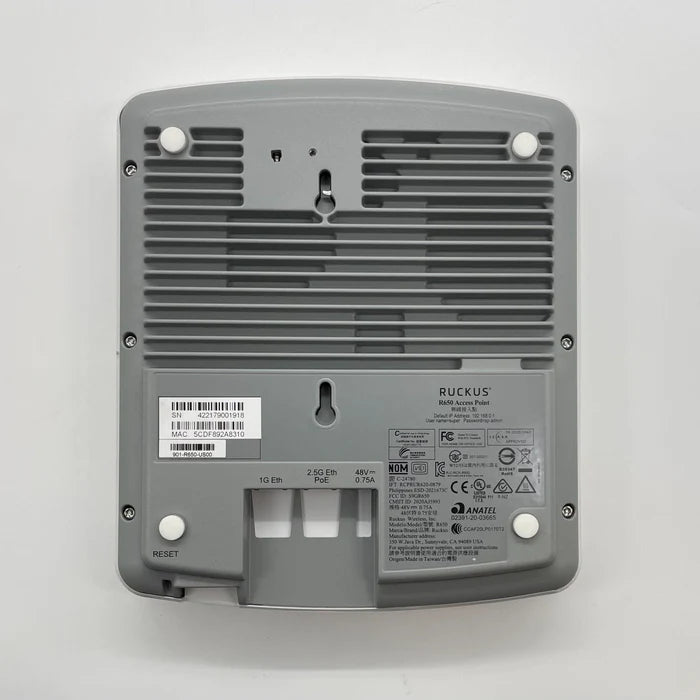 Ruckus R650 Wi-Fi 6 access point mounted on a wall, showcasing its sleek design and antenna ports for enterprise networking.