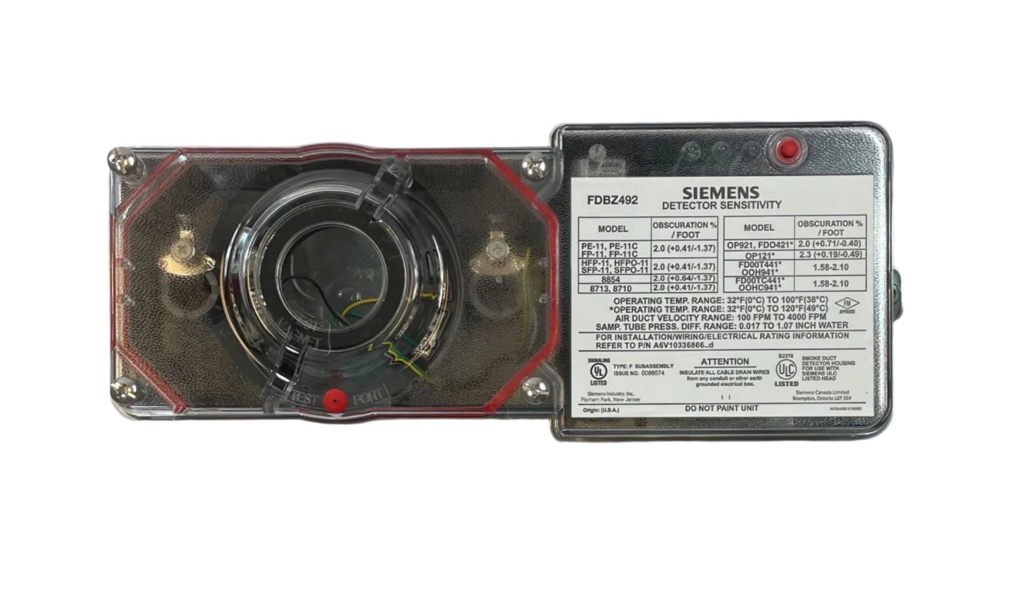 Siemens FDBZ492 duct detector installed in HVAC system, showing sensor and wiring connections for fire and smoke detection.