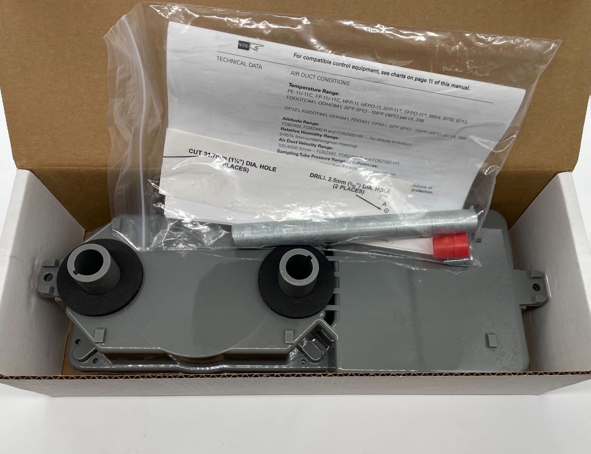 Siemens FDBZ492-HR duct detector with sensor and wiring, mounted inside a ventilation duct for airflow monitoring.