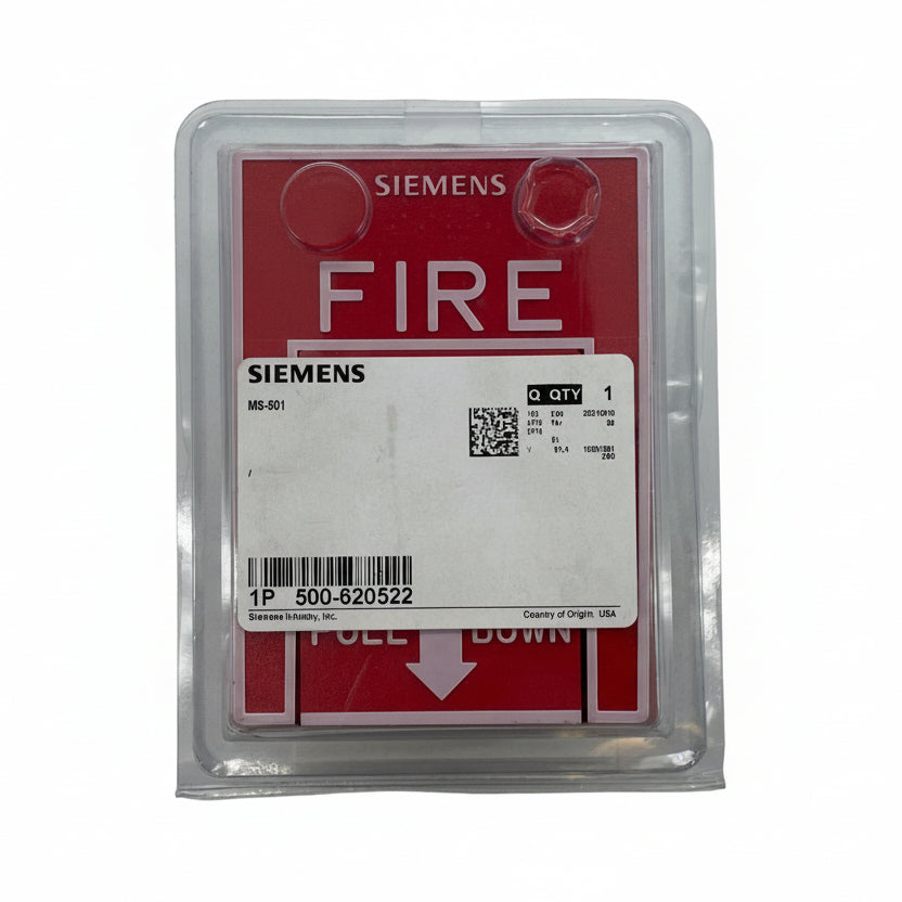 Siemens MS-501 fire alarm with digital display and sensor, mounted on a wall, designed for fire safety and alert notification