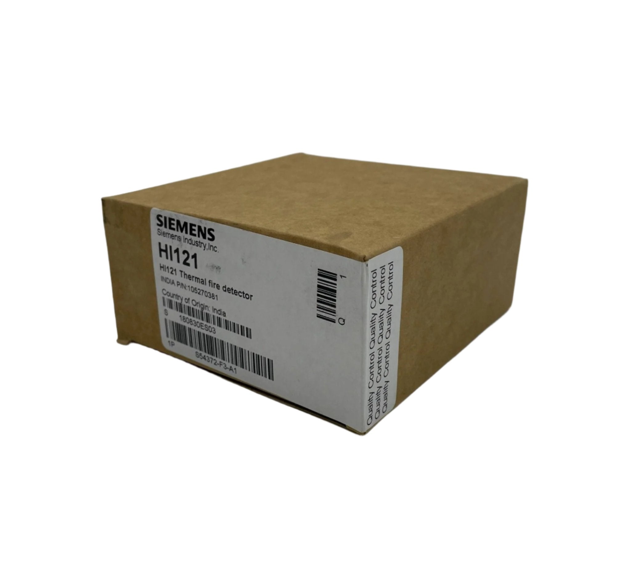Siemens HI121 heat detector mounted on ceiling, used for fire safety and early heat detection in building security systems.