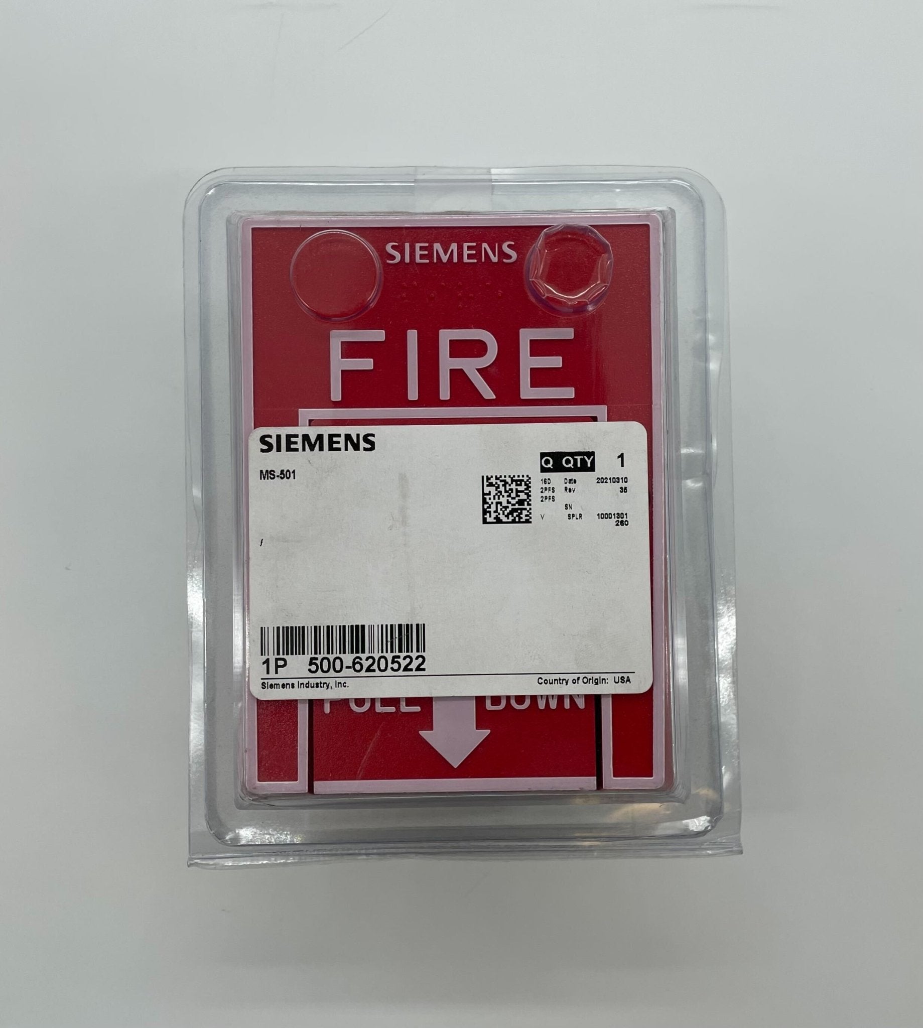 Siemens MS-501 fire alarm device with alert indicator and mounting bracket, used for fire safety in buildings.