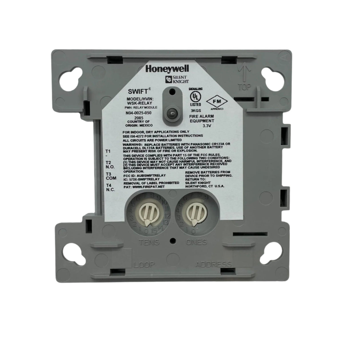 Silent Knight WSK-RELAY Swift Relay Module mounted on a circuit board, featuring wiring terminals and electronic components.