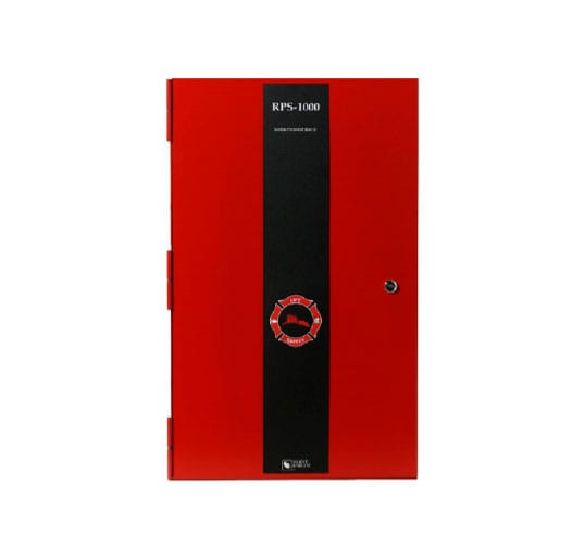 Silent Knight 058950RPS fire alarm control panel with digital display and control buttons, mounted on a wall.