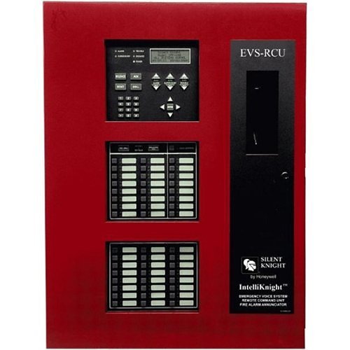 Silent Knight EVS-RCU remote command unit for fire alarm systems, mounted on a wall with control buttons visible.