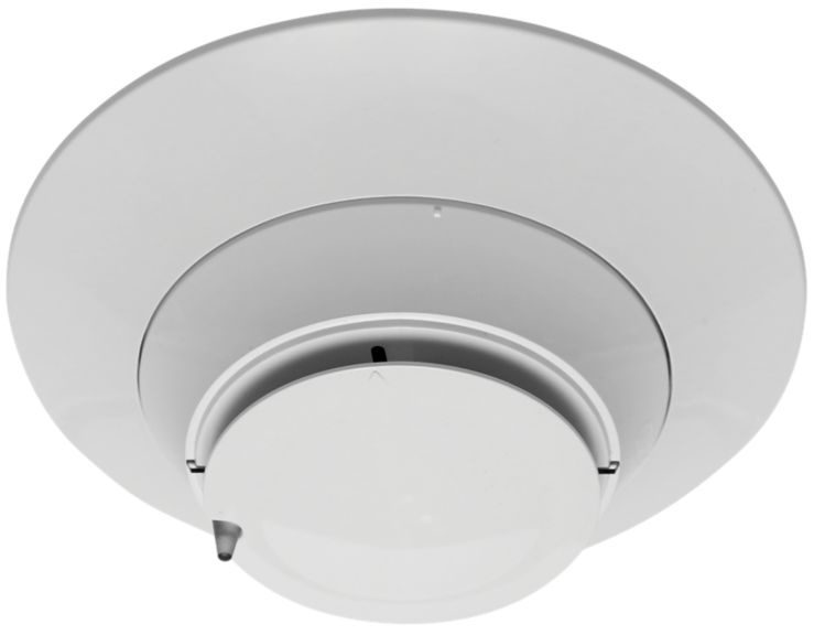 Silent Knight SK-PTIR-W multi-criteria photoelectric heat detector with white casing and mounting base.