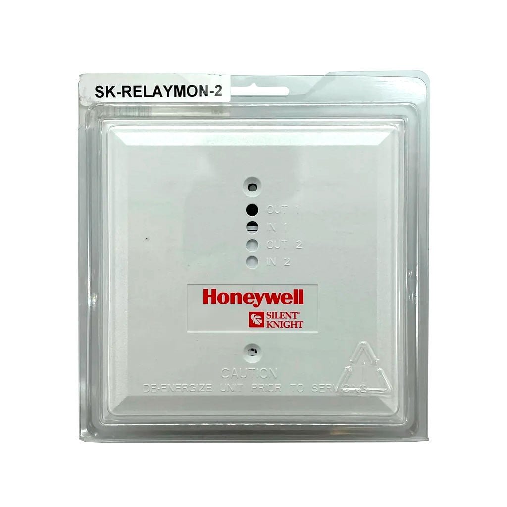 Silent Knight SK-RELAYMON-2 dual-output relay module with multiple connection ports and mounting brackets, used for alarm system control.