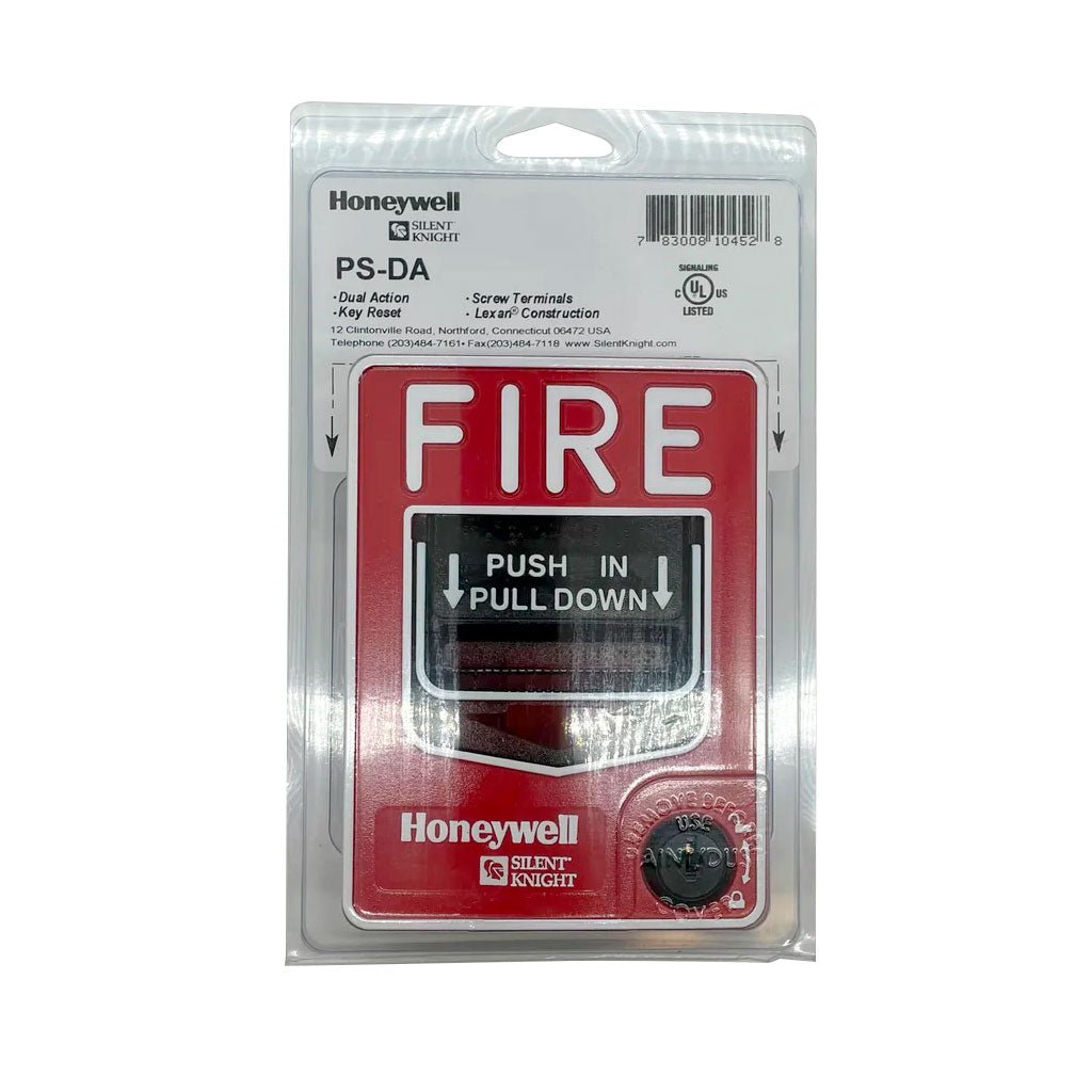 Silent Knight PS-DA dual-action pull station for fire alarm systems, mounted on a wall with clear labeling visible.