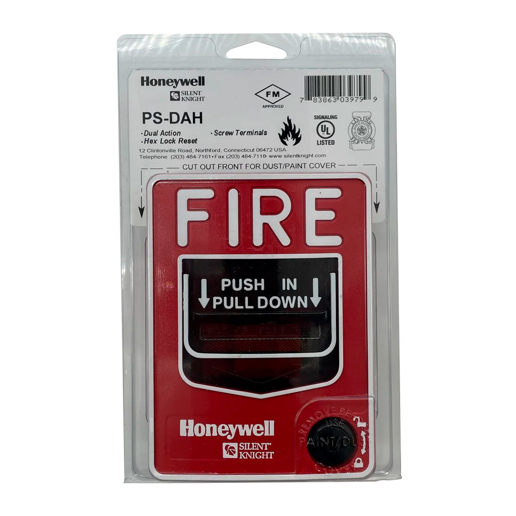 Silent Knight PS-DAH dual-action pull station for fire alarm systems, mounted on wall with clear labels