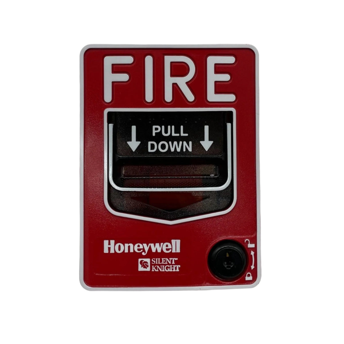 Silent Knight PS-SA single-action fire alarm pull station mounted on a wall, orange handle for emergency activation.