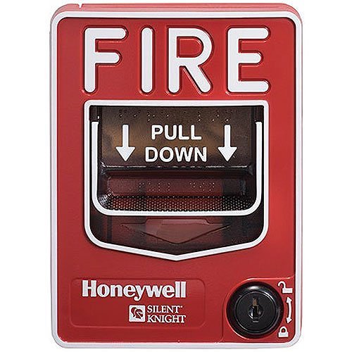Silent Knight SK-PULL-SA addressable single-action pull station with clear label and red alarm button for emergency use